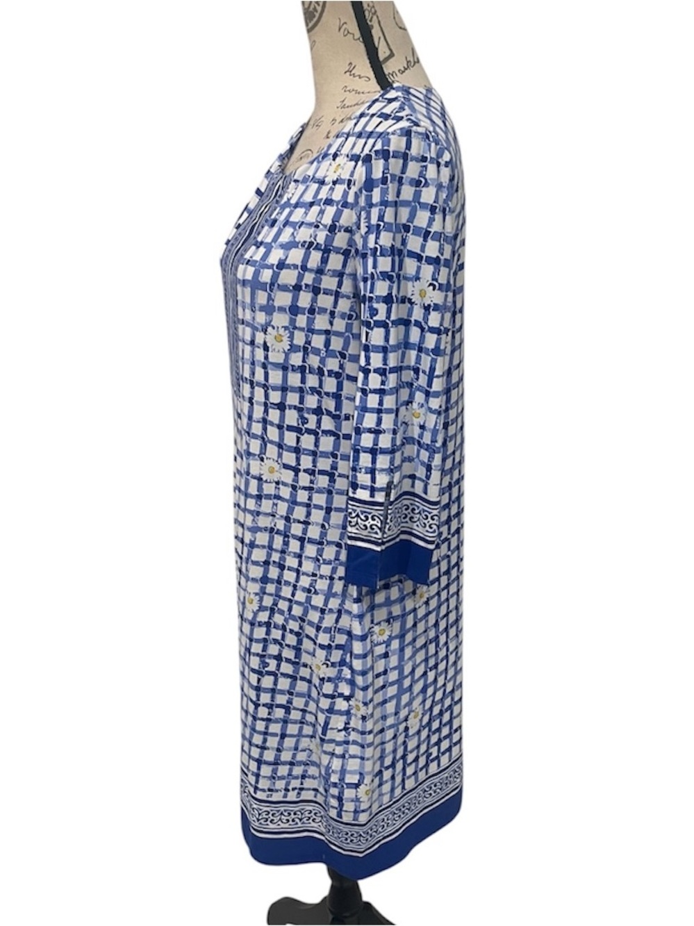 Barbara Erickson Blue Gingham Daisy Print Knit Dress Size Medium Coastal Chic - Picture 4 of 13